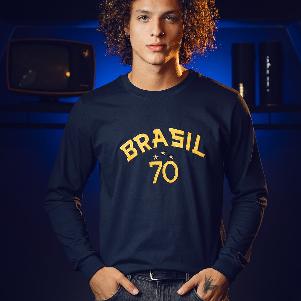 Camisa Brasil 1970 RetrÃ´ Manga Longa Masculina