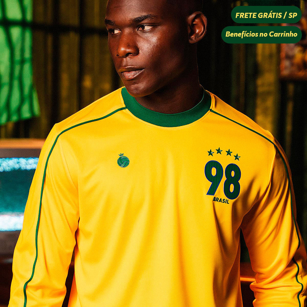 Camisa Brasil 1998 RetrÃ´ Manga Longa Masculina
