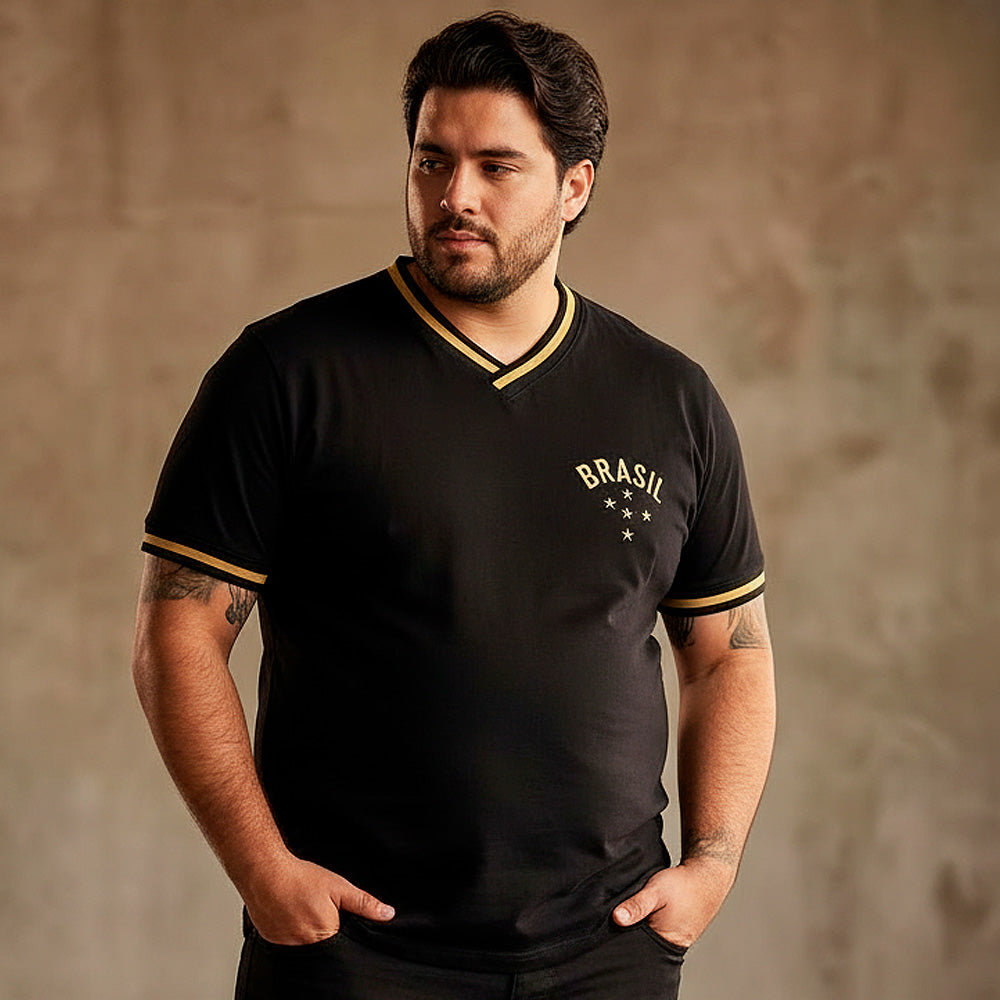 Camisa Brasil RetrÃ´ Preta Plus Size Masculina