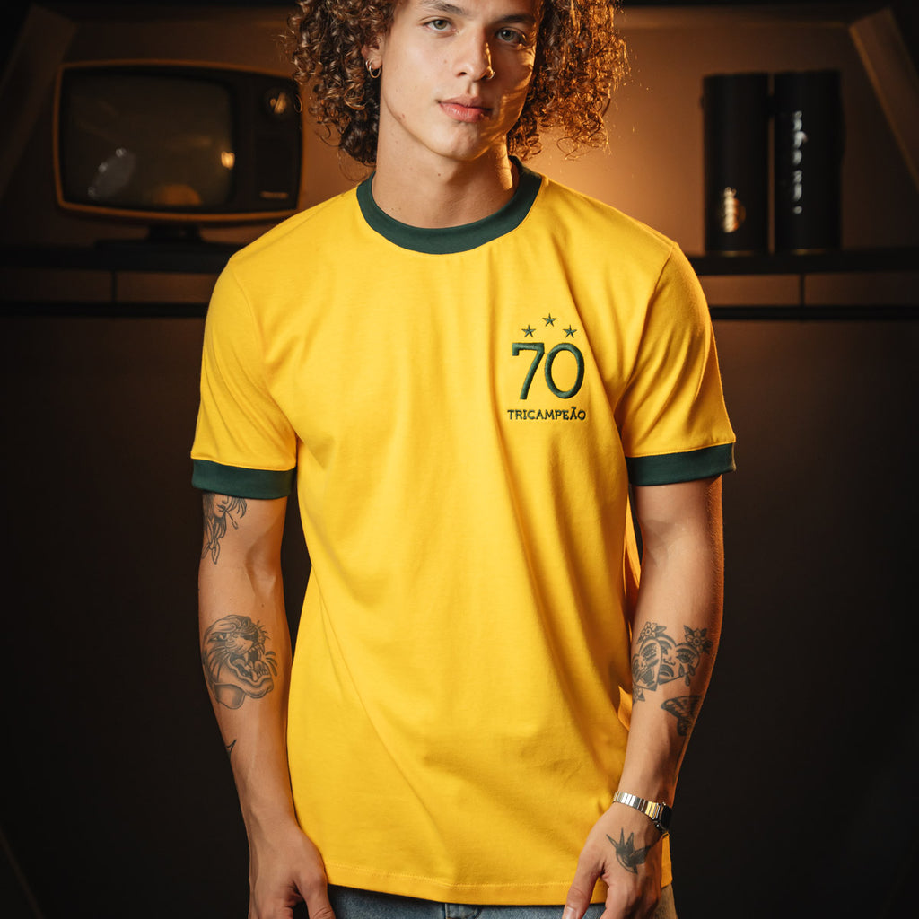 Camisa Brasil RetrÃ´ 1970 Amarelo Masculina